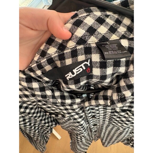 Rusty Y2K men's dress shirt black white plaid long sleeve size Large L - Picture 3 of 4